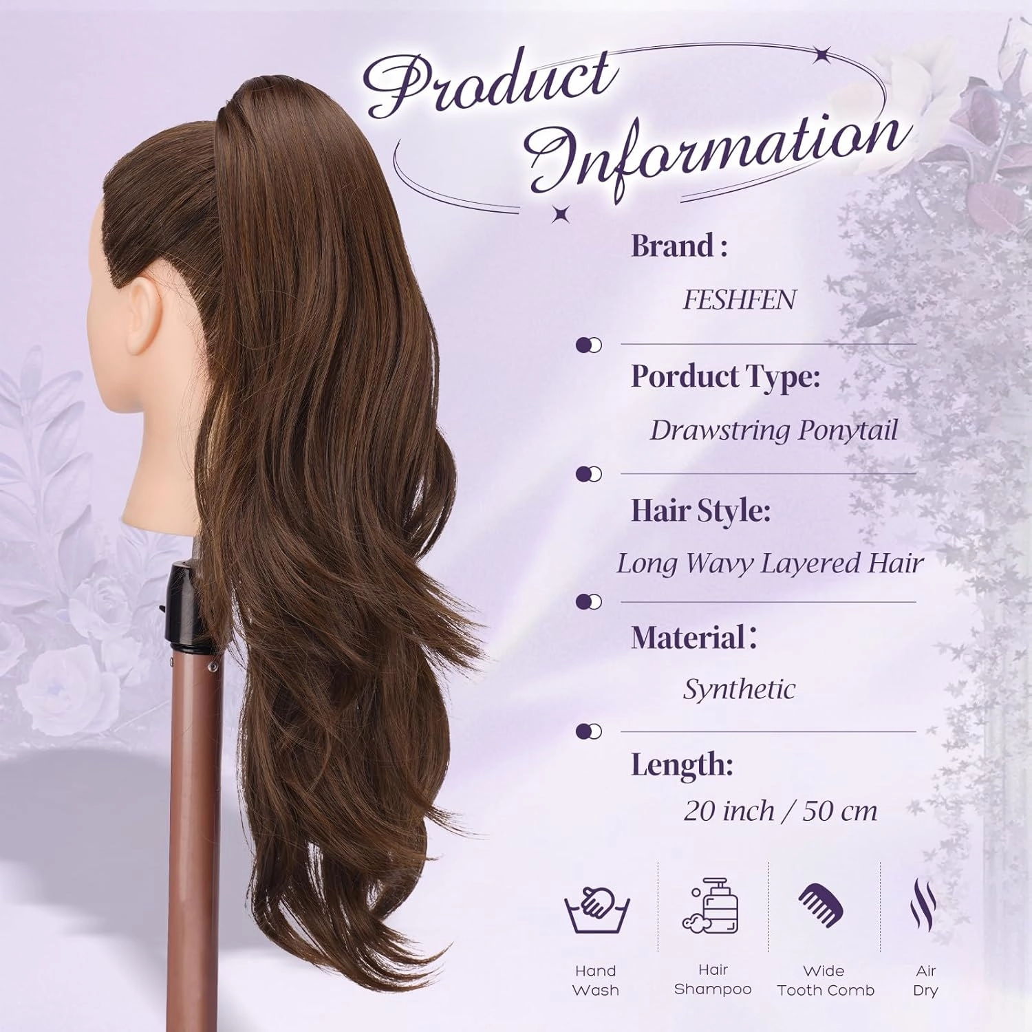 FESHFEN Drawstring Ponytail Extension, Natural Long Wavy Layered Synthetic Pony Tails Brown & Auburn Mixed Hair Extensions Hairpieces for Women, 20 inch