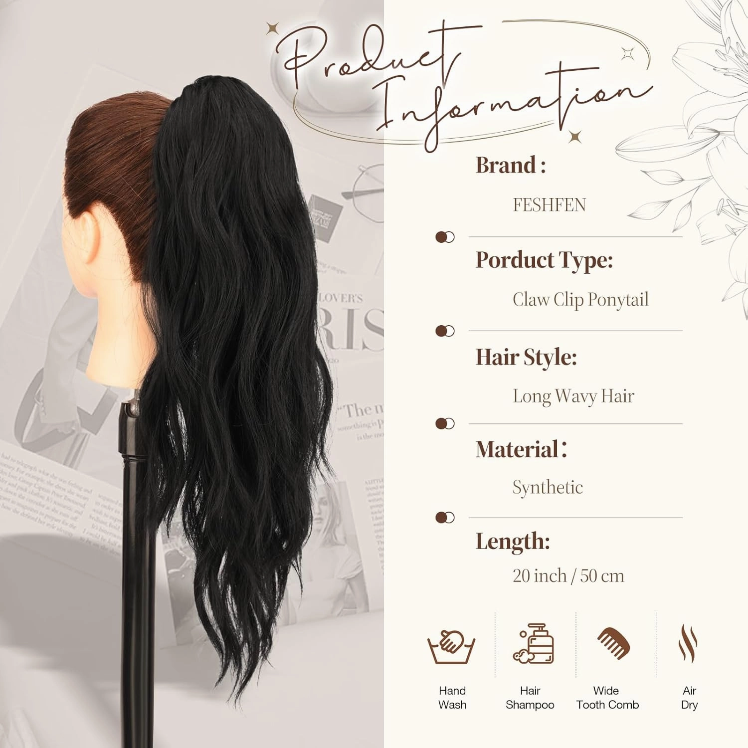 FESHFEN Ponytail Extensions, Long Claw Clip in Ponytail Hairpiece Synthetic Pony Tails Hair Piece Natural Wavy Hairpieces for Women, 20 inch Black
