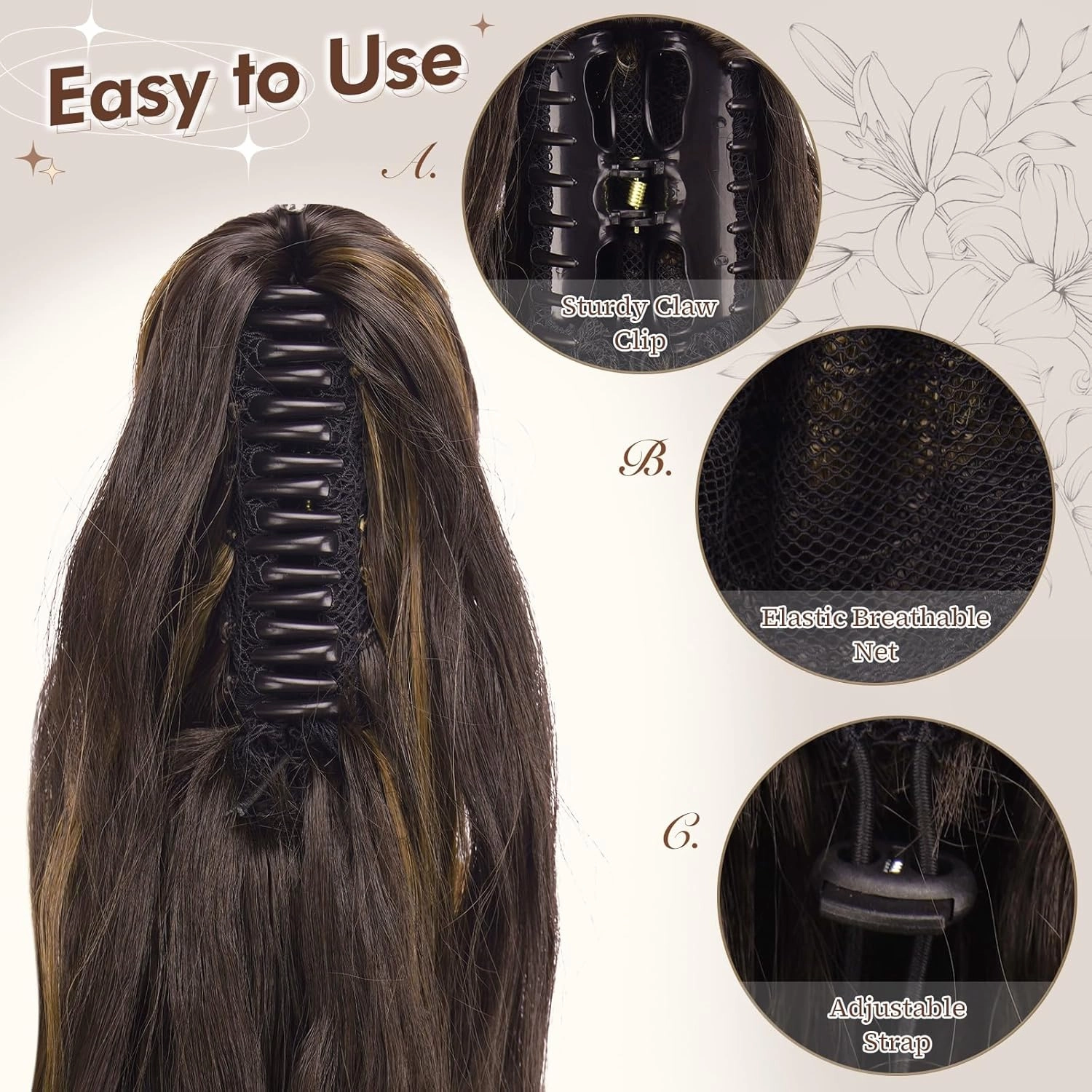 FESHFEN Ponytail Extensions, Long Claw Clip in Ponytail Hairpiece Synthetic Pony Tails Hair Piece Natural Wavy Hairpieces for Women, 20 inch Black Brown Mixed Light Brown
