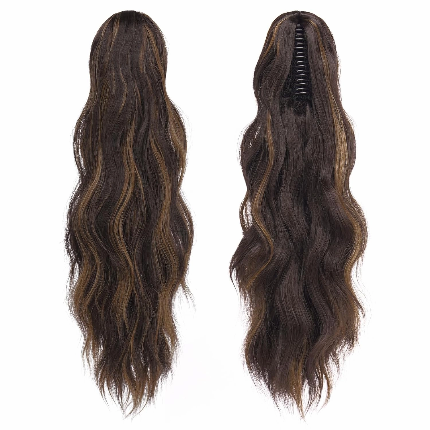 FESHFEN Ponytail Extensions, Long Claw Clip in Ponytail Hairpiece Synthetic Pony Tails Hair Piece Natural Wavy Hairpieces for Women, 20 inch Black Brown Mixed Light Brown