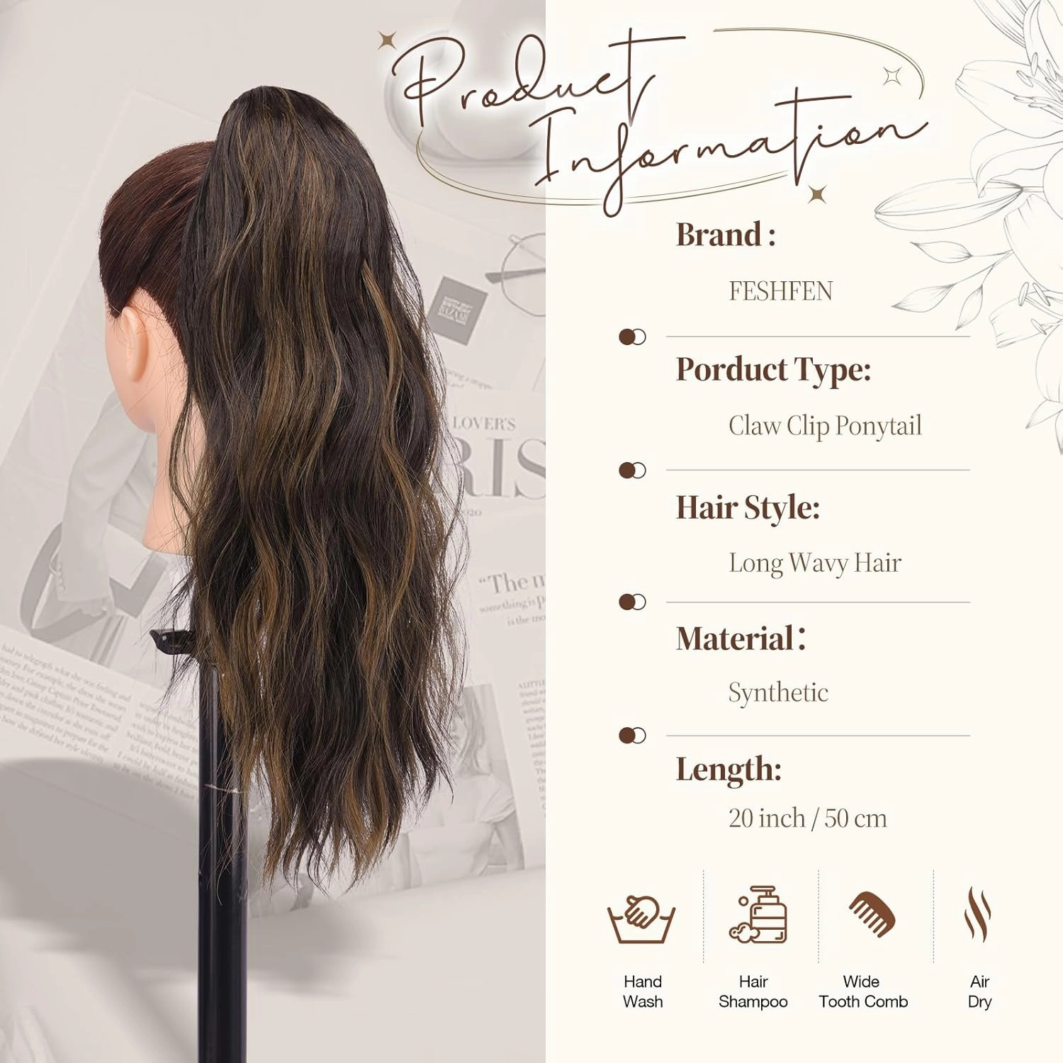 FESHFEN Ponytail Extensions, Long Claw Clip in Ponytail Hairpiece Synthetic Pony Tails Hair Piece Natural Wavy Hairpieces for Women, 20 inch Black Brown Mixed Light Brown