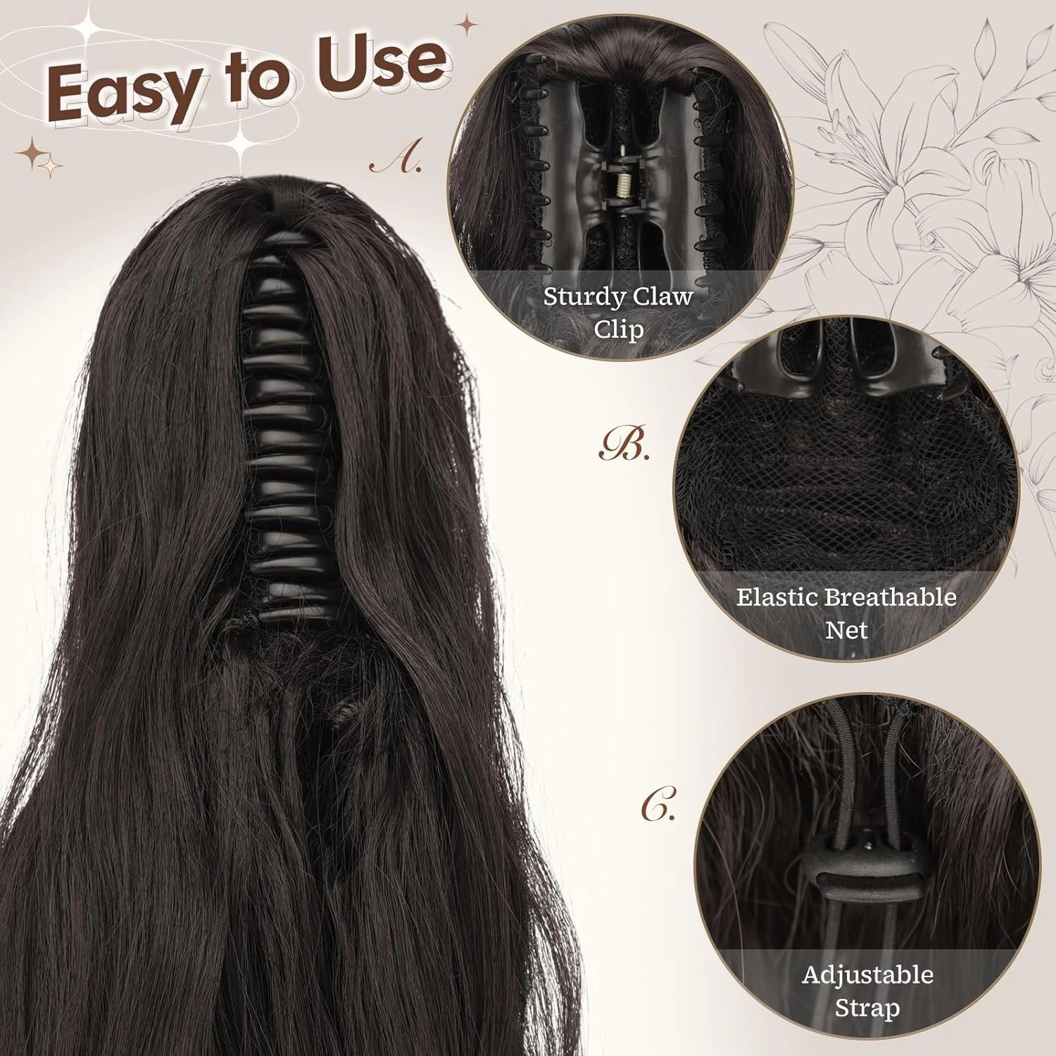 FESHFEN Ponytail Extensions, Long Claw Clip in Ponytail Hairpiece Synthetic Pony Tails Hair Piece Natural Wavy Hairpieces for Women, 20 inch Black Brown