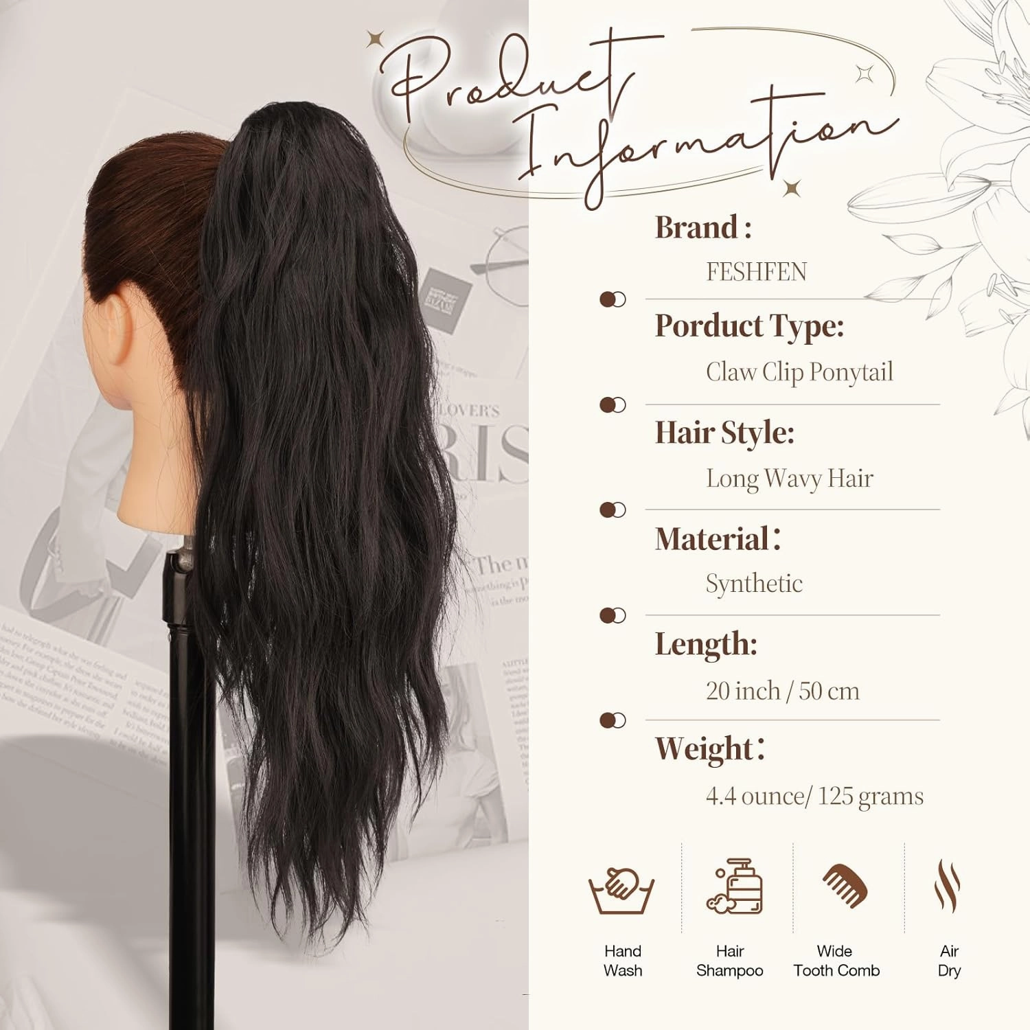 FESHFEN Ponytail Extensions, Long Claw Clip in Ponytail Hairpiece Synthetic Pony Tails Hair Piece Natural Wavy Hairpieces for Women, 20 inch Black Brown