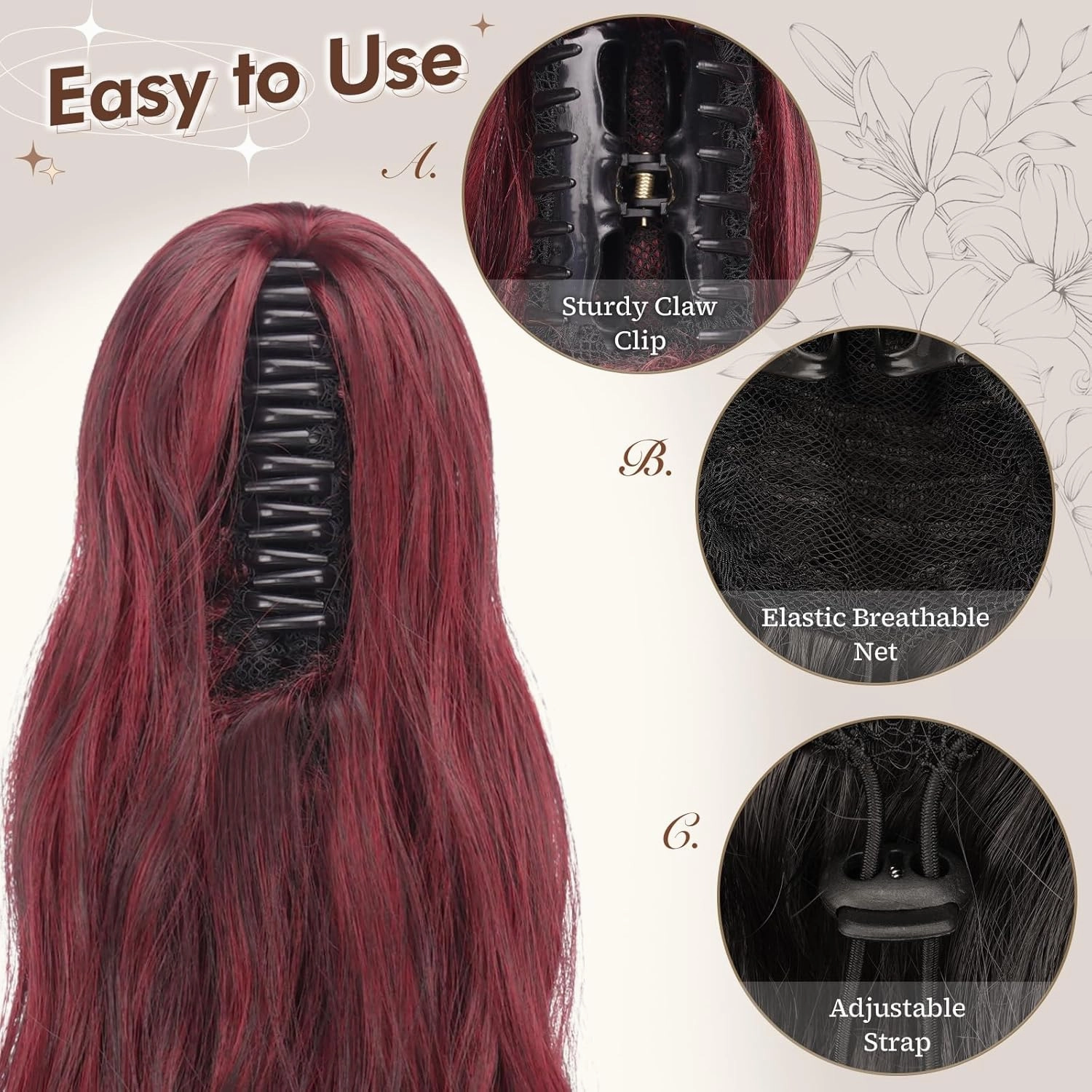 FESHFEN Ponytail Extensions, Long Claw Clip in Ponytail Hairpiece Synthetic Pony Tails Hair Piece Natural Wavy Hairpieces for Women, 20 inch Black Ombre Red