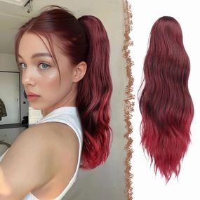 FESHFEN Ponytail Extensions, Long Claw Clip in Ponytail Hairpiece Synthetic Pony Tails Hair Piece Natural Wavy Hairpieces for Women, 20 inch Black Ombre Red