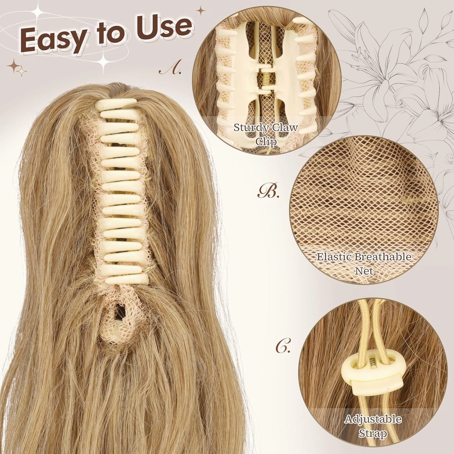 FESHFEN Ponytail Extensions, Long Claw Clip in Ponytail Hairpiece Synthetic Pony Tails Hair Piece Natural Wavy Hairpieces for Women, 20 inch Blonde & Ash Blonde Mixed