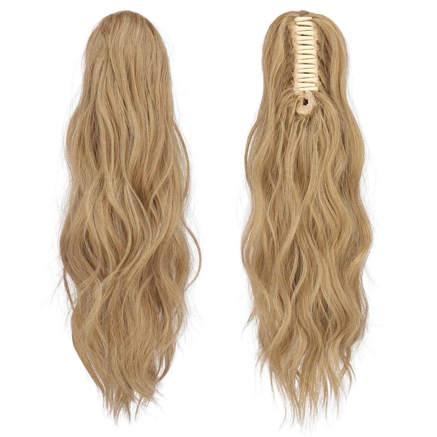 FESHFEN Ponytail Extensions, Long Claw Clip in Ponytail Hairpiece Synthetic Pony Tails Hair Piece Natural Wavy Hairpieces for Women, 20 inch Blonde & Ash Blonde Mixed