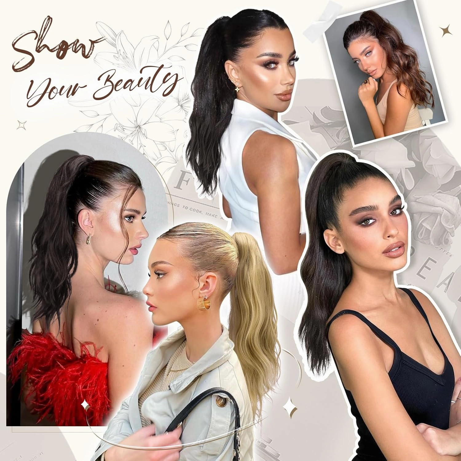 FESHFEN Ponytail Extensions, Long Claw Clip in Ponytail Hairpiece Synthetic Pony Tails Hair Piece Natural Wavy Hairpieces for Women, 20 inch Blonde & Ash Blonde Mixed