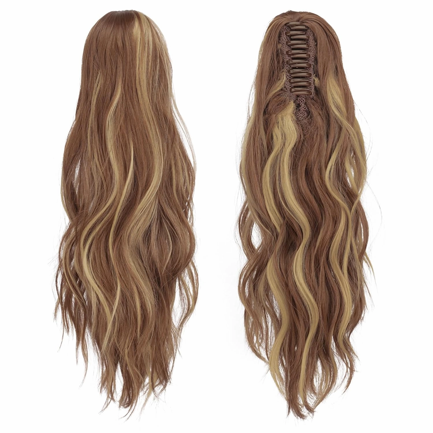 FESHFEN Ponytail Extensions, Long Claw Clip in Ponytail Hairpiece Synthetic Pony Tails Hair Piece Natural Wavy Hairpieces for Women, 20 inch Brown & Blonde