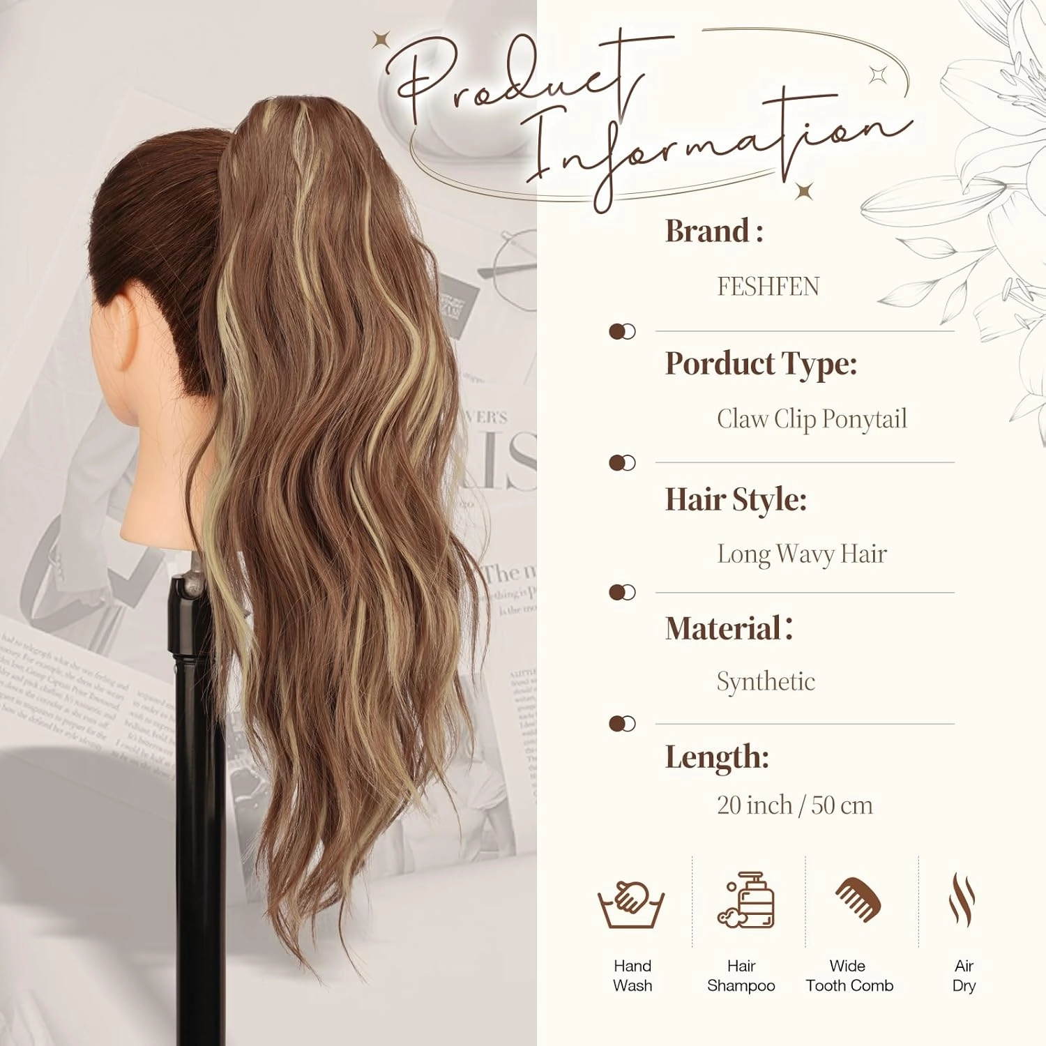 FESHFEN Ponytail Extensions, Long Claw Clip in Ponytail Hairpiece Synthetic Pony Tails Hair Piece Natural Wavy Hairpieces for Women, 20 inch Brown & Blonde