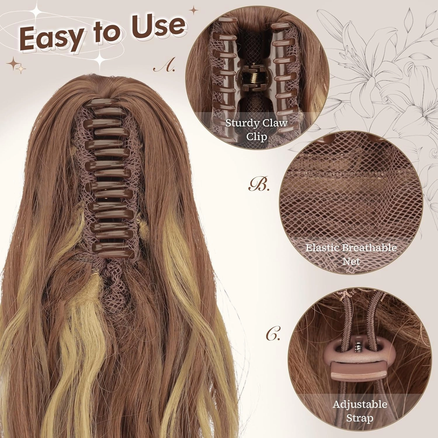 FESHFEN Ponytail Extensions, Long Claw Clip in Ponytail Hairpiece Synthetic Pony Tails Hair Piece Natural Wavy Hairpieces for Women, 20 inch Brown & Blonde