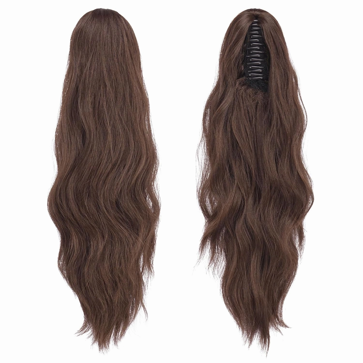 FESHFEN Ponytail Extensions, Long Claw Clip in Ponytail Hairpiece Synthetic Pony Tails Hair Piece Natural Wavy Hairpieces for Women, 20 inch Chocolate Brown
