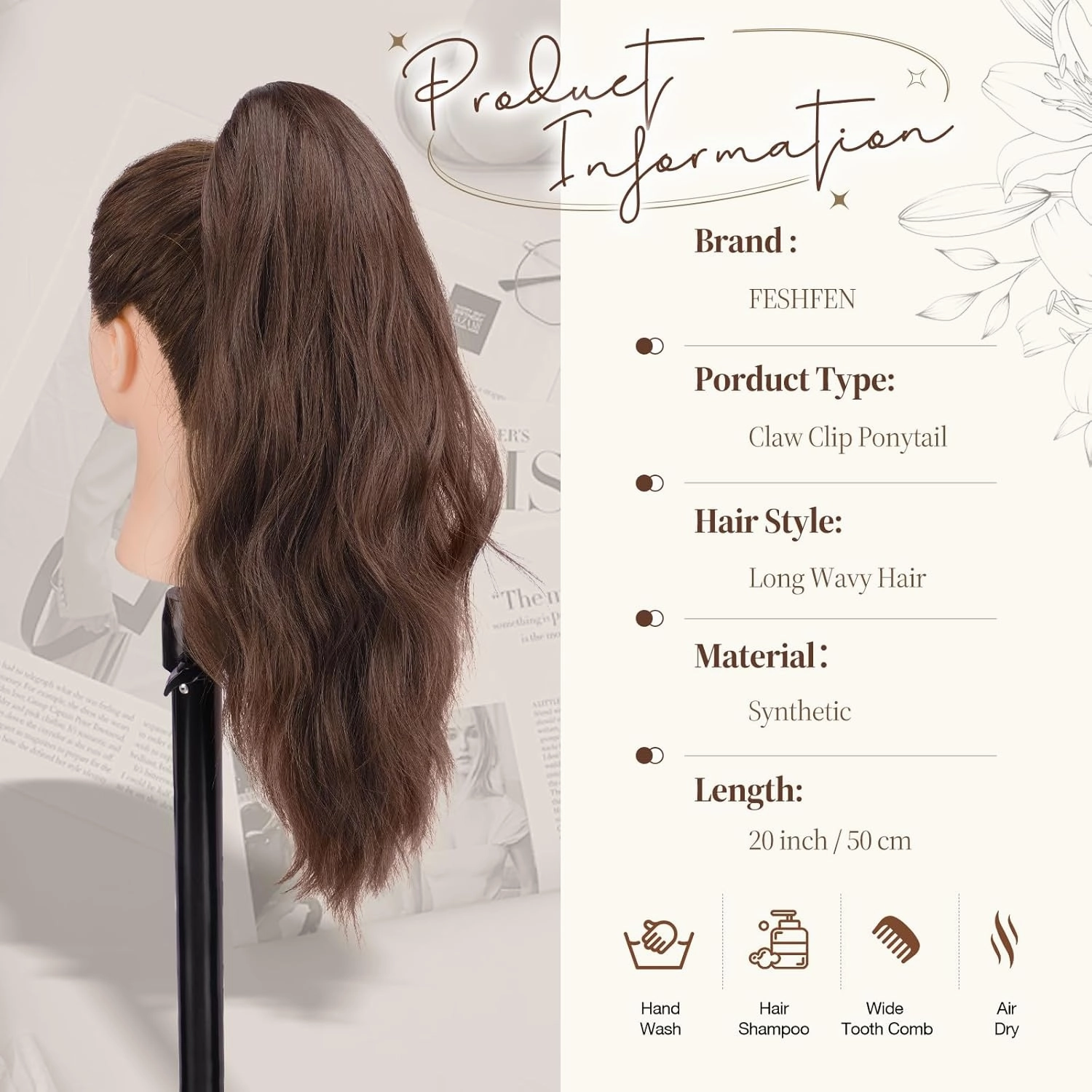 FESHFEN Ponytail Extensions, Long Claw Clip in Ponytail Hairpiece Synthetic Pony Tails Hair Piece Natural Wavy Hairpieces for Women, 20 inch Chocolate Brown