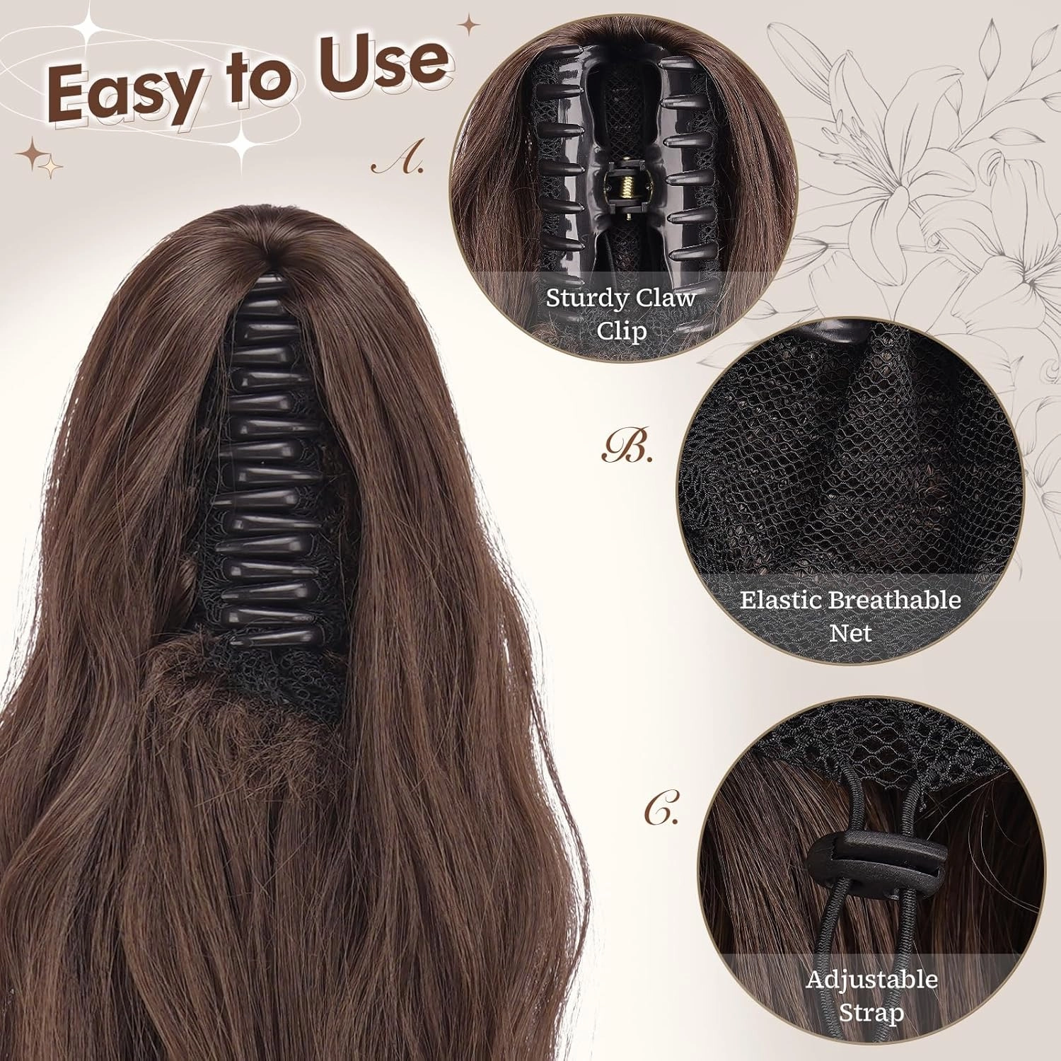 FESHFEN Ponytail Extensions, Long Claw Clip in Ponytail Hairpiece Synthetic Pony Tails Hair Piece Natural Wavy Hairpieces for Women, 20 inch Chocolate Brown