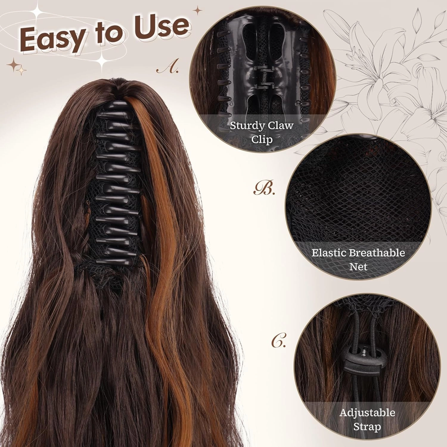 FESHFEN Ponytail Extensions, Long Claw Clip in Ponytail Hairpiece Synthetic Pony Tails Hair Piece Natural Wavy Hairpieces for Women, 20 inch Dark Brown and Light Auburn
