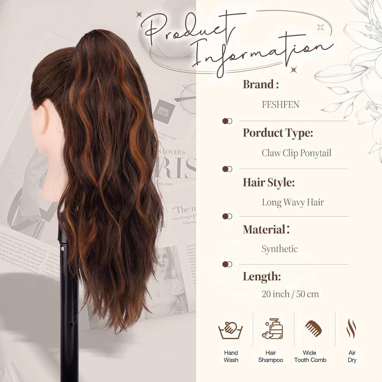 FESHFEN Ponytail Extensions, Long Claw Clip in Ponytail Hairpiece Synthetic Pony Tails Hair Piece Natural Wavy Hairpieces for Women, 20 inch Dark Brown and Light Auburn
