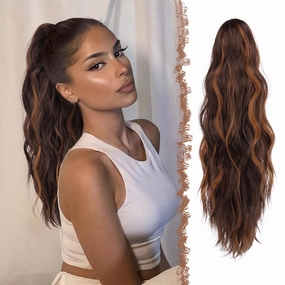 FESHFEN Ponytail Extensions, Long Claw Clip in Ponytail Hairpiece Synthetic Pony Tails Hair Piece Natural Wavy Hairpieces for Women, 20 inch Dark Brown and Light Auburn