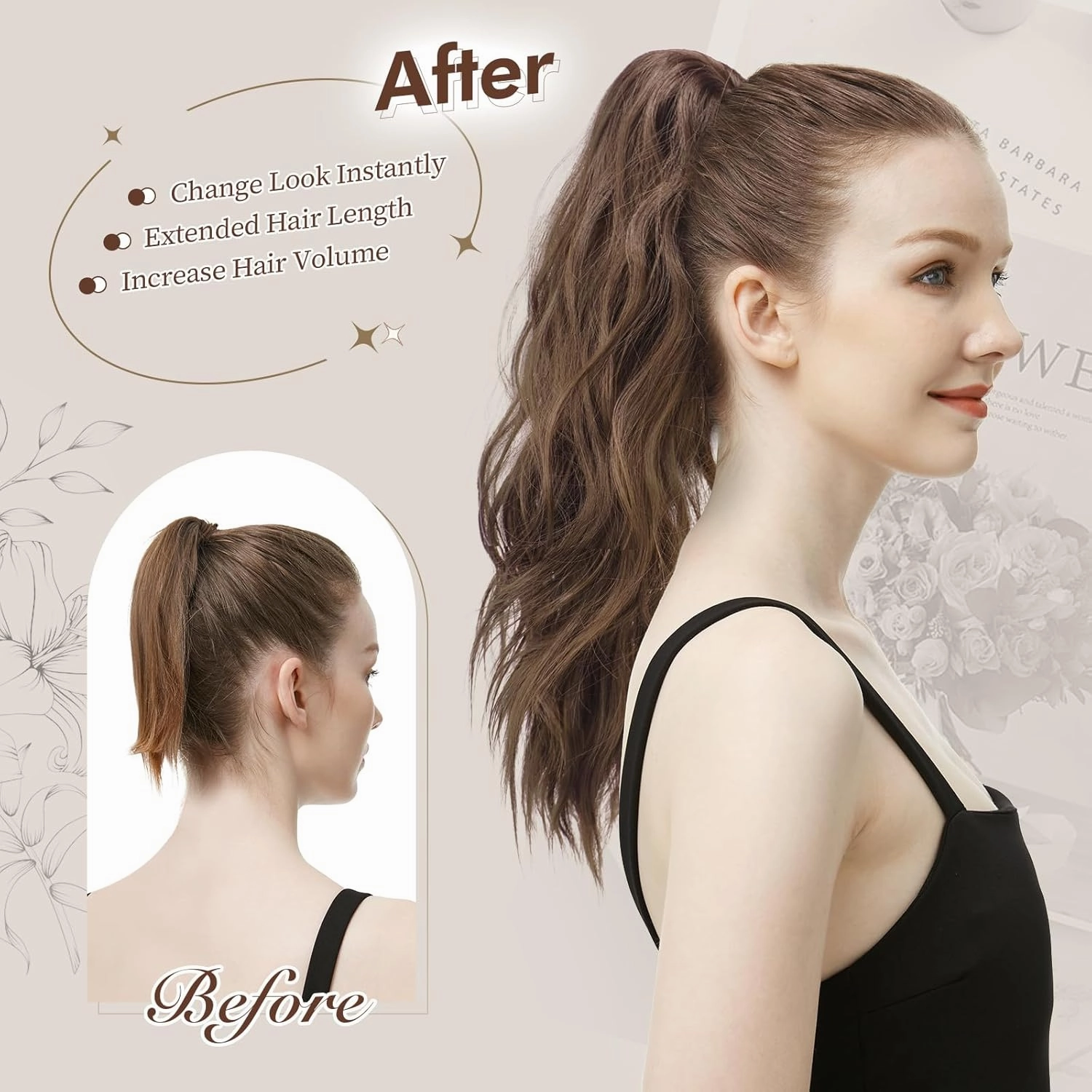 FESHFEN Ponytail Extensions, Long Claw Clip in Ponytail Hairpiece Synthetic Pony Tails Hair Piece Natural Wavy Hairpieces for Women, 20 inch Dark Brown and Light Auburn