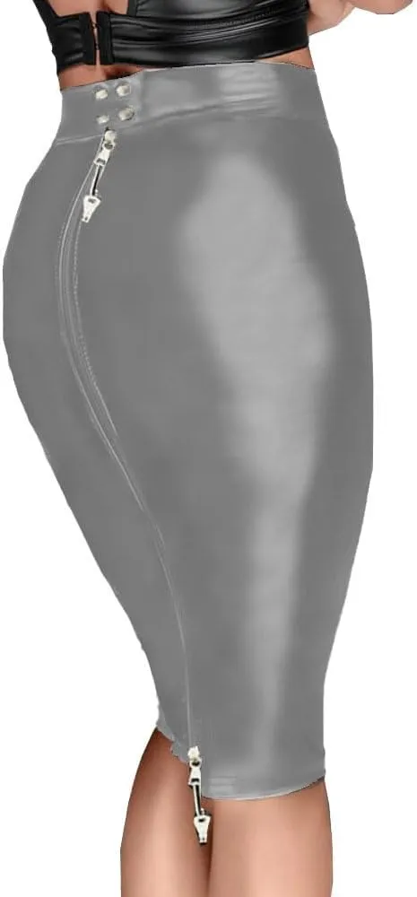 Fetish Queen Ladies Sexy Lockable Sheath Knee-Length Skirts Women High Waist Elegant Faux PU Leather Skinny Pencil Skirt