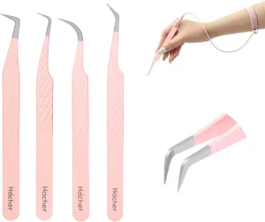 Fiber Tip Grip Lash Tweezers for Eyelash Extensions, Set of 4 Pcs Volume Boot 90 Degree Tweezers Eyelash Extension, Lash Tech Tweezers & Tweezer Wristbands (Pink)