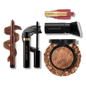 Finishing Touches Kit: Baked Balance-n-Brighten Powder Foundation, Deep   Airbrush Kabuki   Jelly Balm Tinted Lip Balm, Figger Than Life   Kajal Eyeliner, Dark Brown   Kajal Mascara