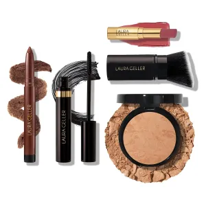 Finishing Touches Kit: Baked Balance-n-Brighten Powder Foundation, Golden Medium   Airbrush Kabuki   Jelly Balm Tinted Lip Balm, Figger Than Life   Kajal Eyeliner, Dark Brown   Kajal Mascara