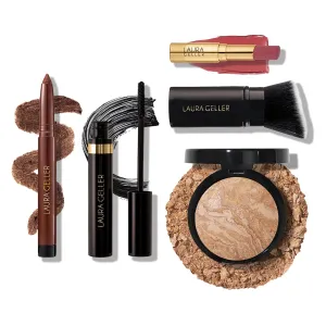 Finishing Touches Kit: Baked Balance-n-Brighten Powder Foundation, Medium   Airbrush Kabuki   Jelly Balm Tinted Lip Balm, Figger Than Life   Kajal Eyeliner, Dark Brown   Kajal Mascara