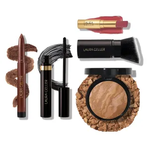 Finishing Touches Kit: Baked Balance-n-Brighten Powder Foundation, Sand   Airbrush Kabuki   Jelly Balm Tinted Lip Balm, Figger Than Life   Kajal Eyeliner, Dark Brown   Kajal Mascara