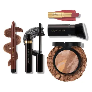 Finishing Touches Kit: Baked Balance-n-Brighten Powder Foundation, Tan   Airbrush Kabuki   Jelly Balm Tinted Lip Balm, Figger Than Life   Kajal Eyeliner, Dark Brown   Kajal Mascara