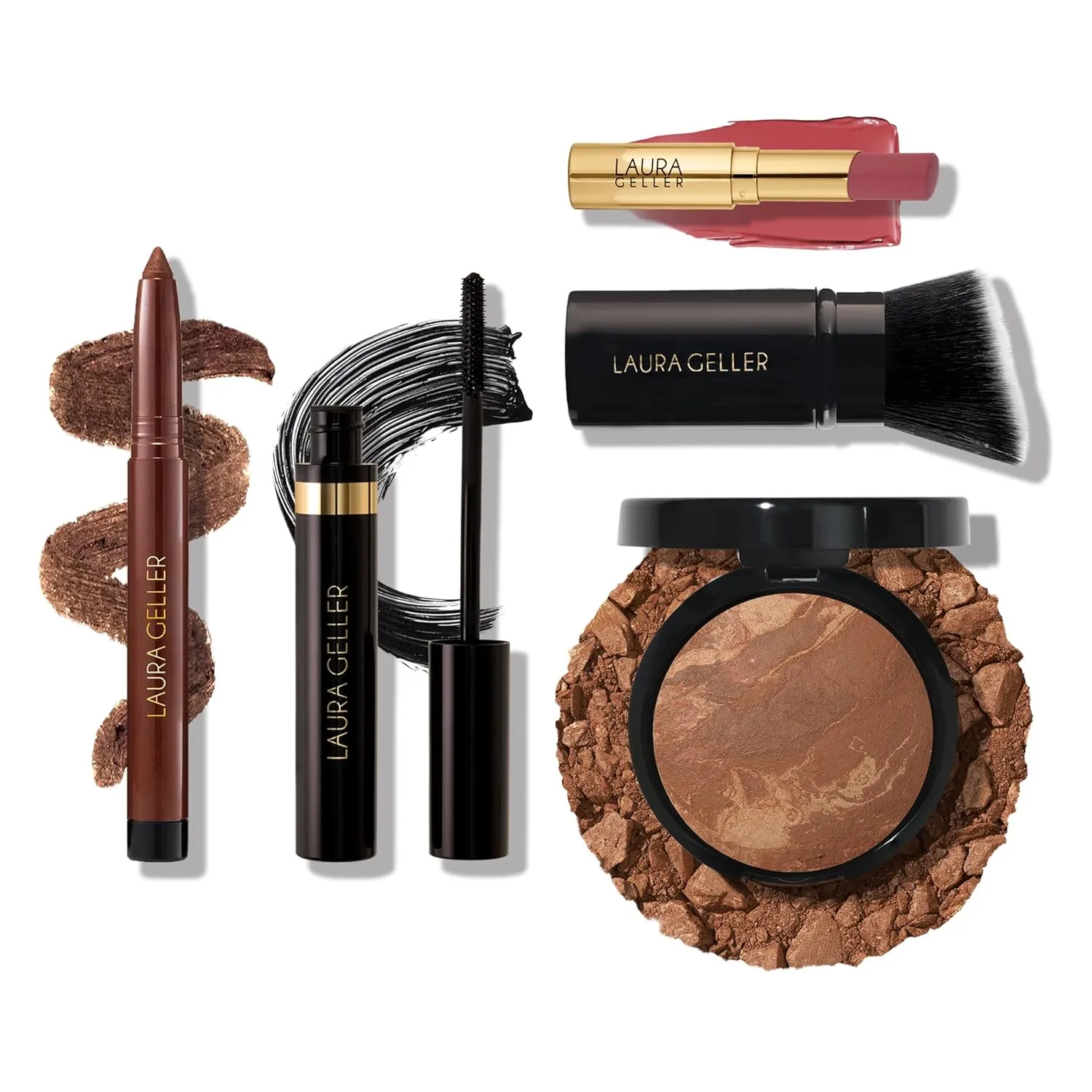 Finishing Touches Kit: Baked Balance-n-Brighten Powder Foundation, Toffee   Airbrush Kabuki   Jelly Balm Tinted Lip Balm, Figger Than Life   Kajal Eyeliner, Dark Brown   Kajal Mascara