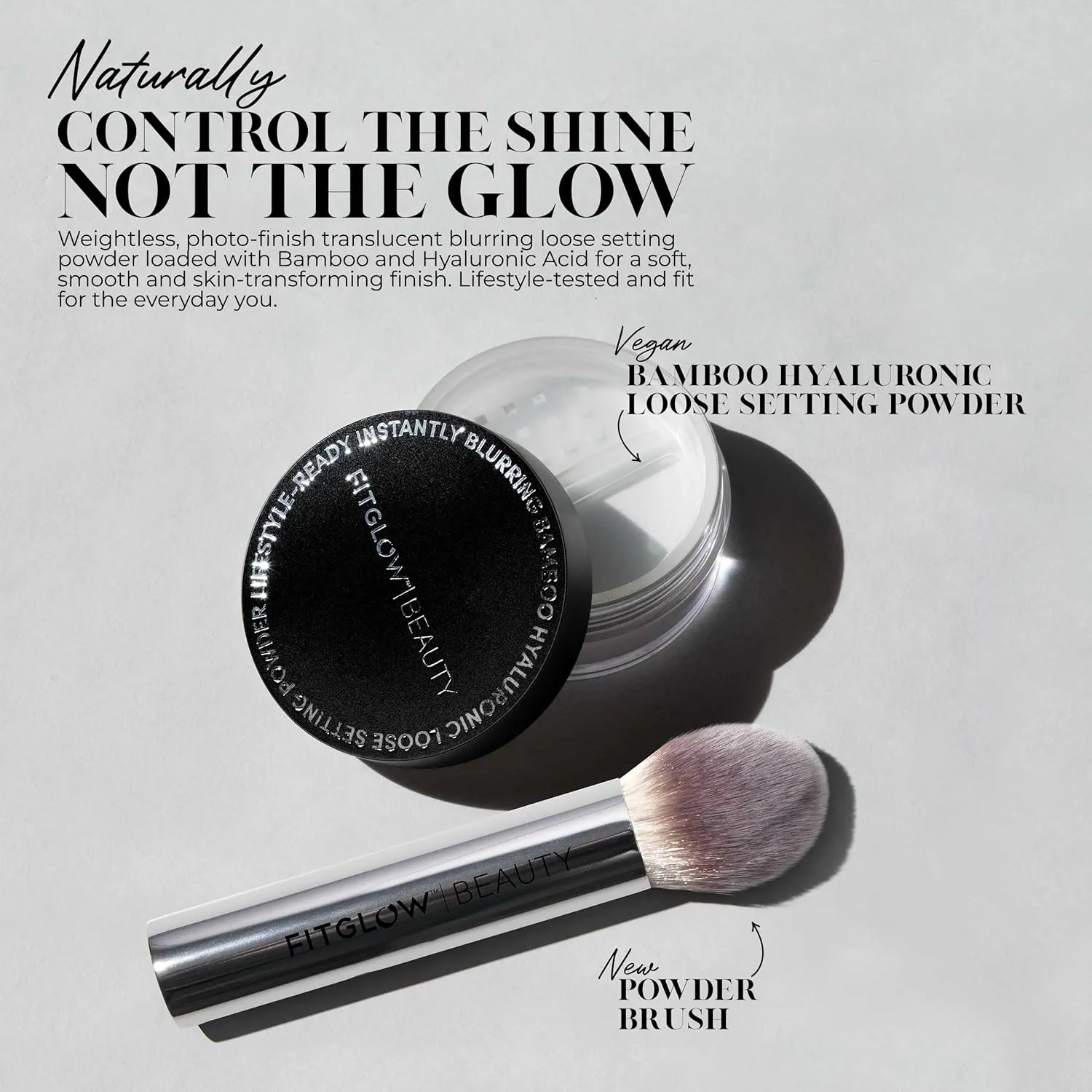 Fitglow Beauty Bamboo Hyaluronic Loose Setting Powder   Brush | Translucent Vegan Organic | Weightless Photo Finish | Pore Blurring | Natural Shine & Oil Control Makeup Finishing Powder | .32 oz / 9g