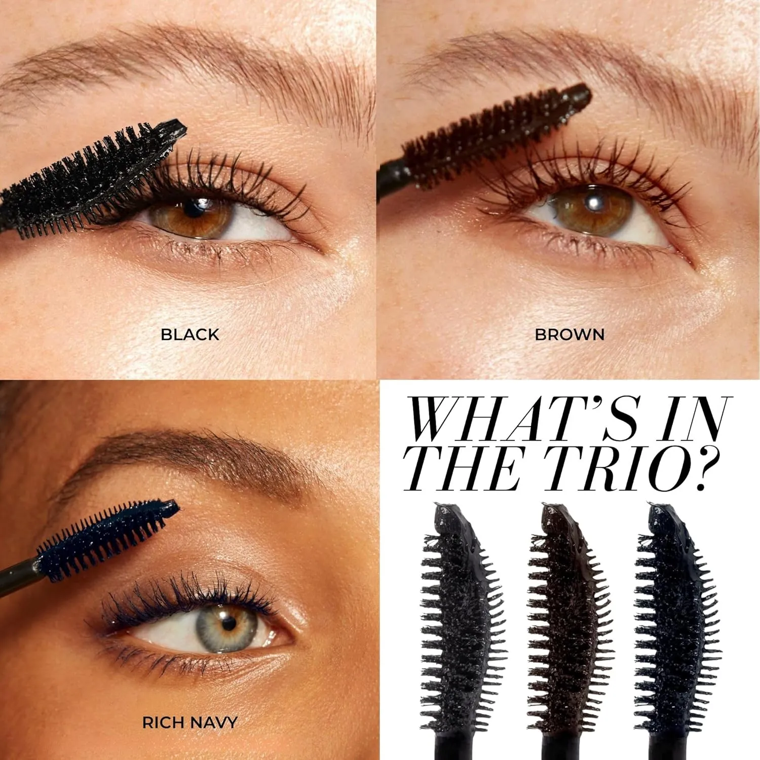 Fitglow Beauty Vegan Good Lash   Mascara Trio Gift Set | Volumizing Lengthening & Conditioning Eyelash Mascara Kit | Natural Lash Serum | Reduces Shedding & Breakage | 3 Pack - Black, Brown, Rich Navy