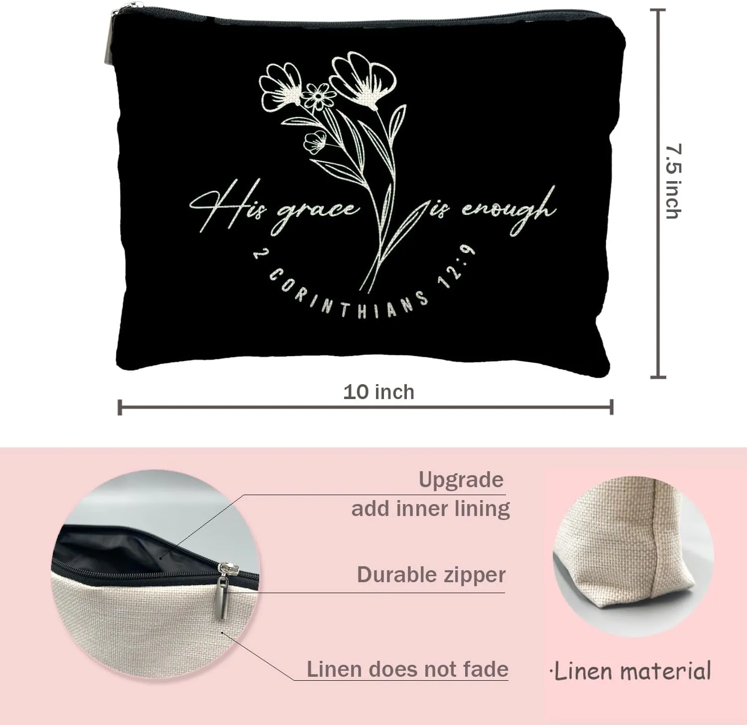 Floral Christian Makeup Cosmetic Bags for Women - Christian Gifts for Women, His Grace is Enough Bible Verses Makeup Bag for Purse, Bible Verse Gifts, Gifts for Christian Women, blue
