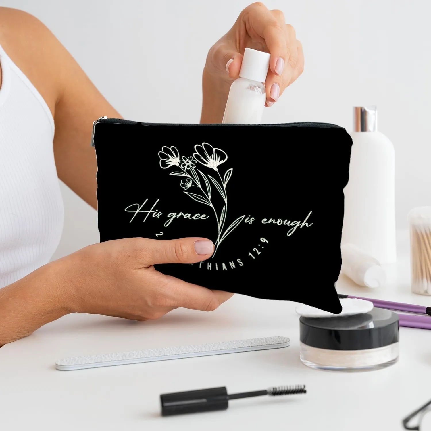Floral Christian Makeup Cosmetic Bags for Women - Christian Gifts for Women, His Grace is Enough Bible Verses Makeup Bag for Purse, Bible Verse Gifts, Gifts for Christian Women, blue