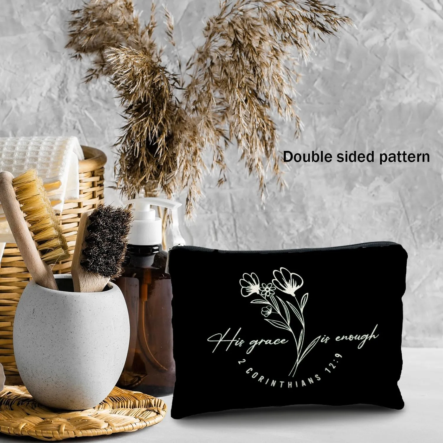 Floral Christian Makeup Cosmetic Bags for Women - Christian Gifts for Women, His Grace is Enough Bible Verses Makeup Bag for Purse, Bible Verse Gifts, Gifts for Christian Women, blue