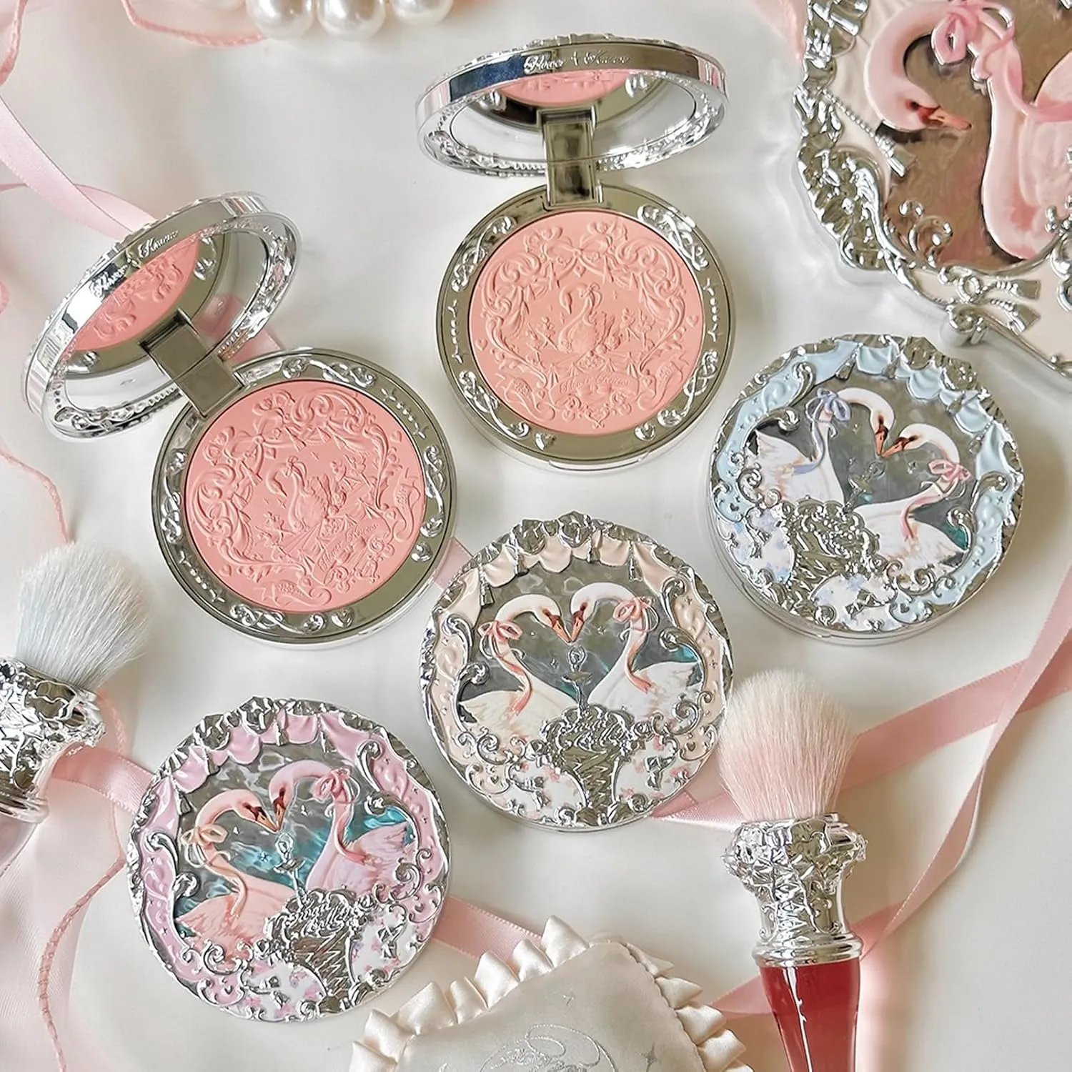 Flower Knows Swan Ballet Embossed Blush,Peachy Matte Finish,Buildable & Blendable Powder Blush for cheeks,Natural Flush for All Skin Tones(05 Dreamy Season,5g)