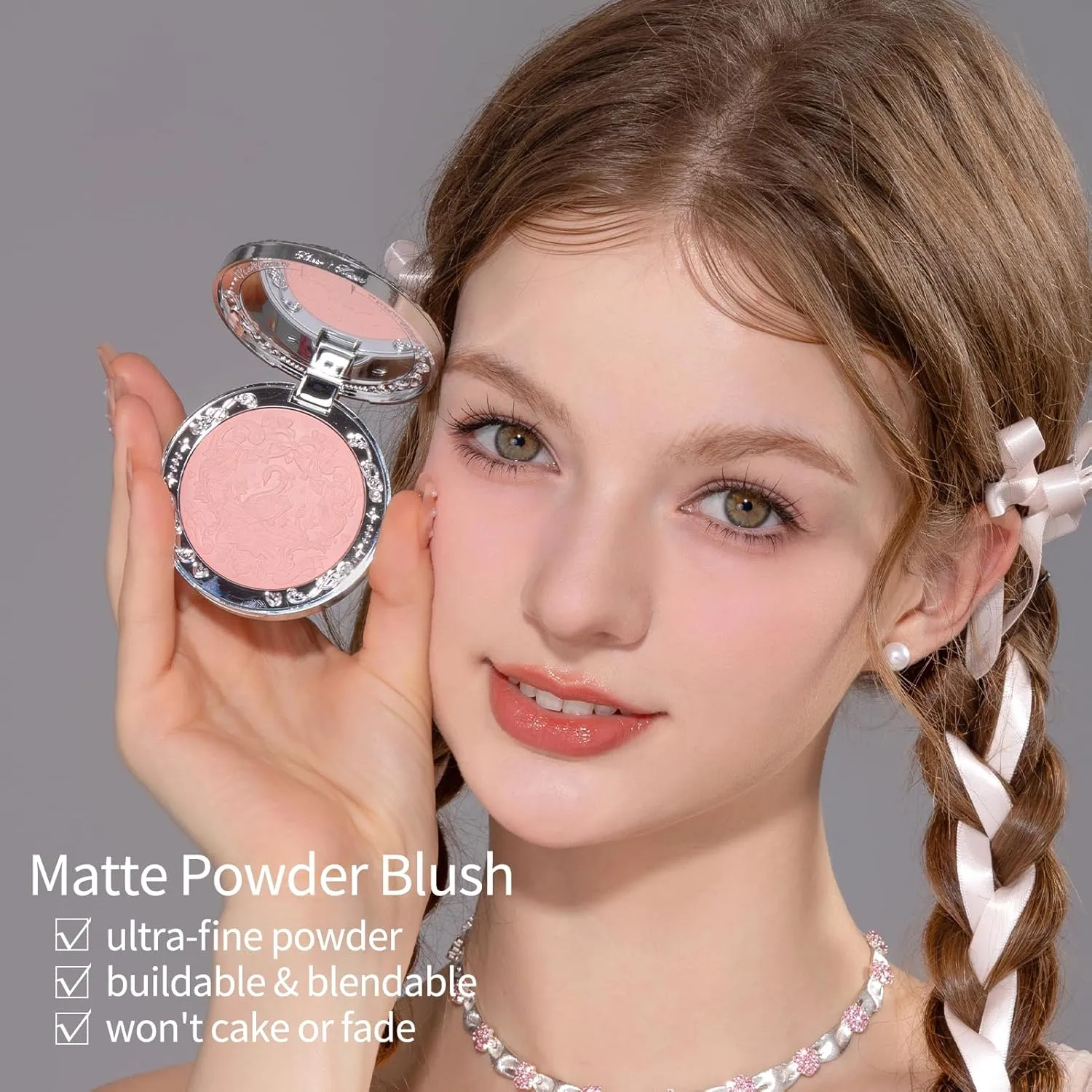 Flower Knows Swan Ballet Embossed Blush,Pink Matte Finish,Buildable & Blendable Powder Blush for cheeks,Natural Flush for All Skin Tones(02 Romanticism,5g)