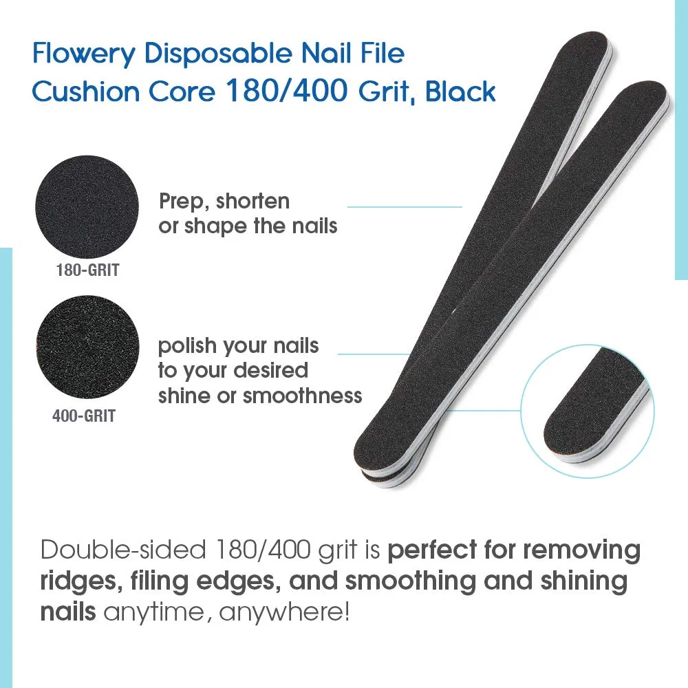 Flowery Disposable Nail File Cushion Core 180/400 Grit, Black, (Pack of 100)