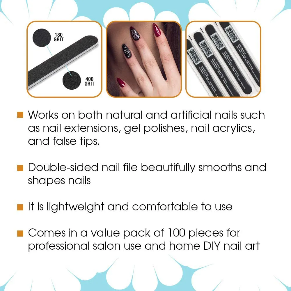 Flowery Disposable Nail File Cushion Core 180/400 Grit, Black, (Pack of 100)