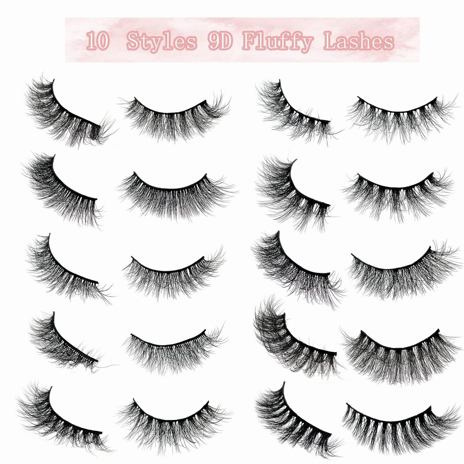 Fluffy Lashes 18mm False Eyelashes 100 Pairs 10 Styles Mixed Natural 9D Faux Mink Lashes Bulk Soft Reusable Fake Eyelashes Wholesale Lash with Glitter Portable Boxes