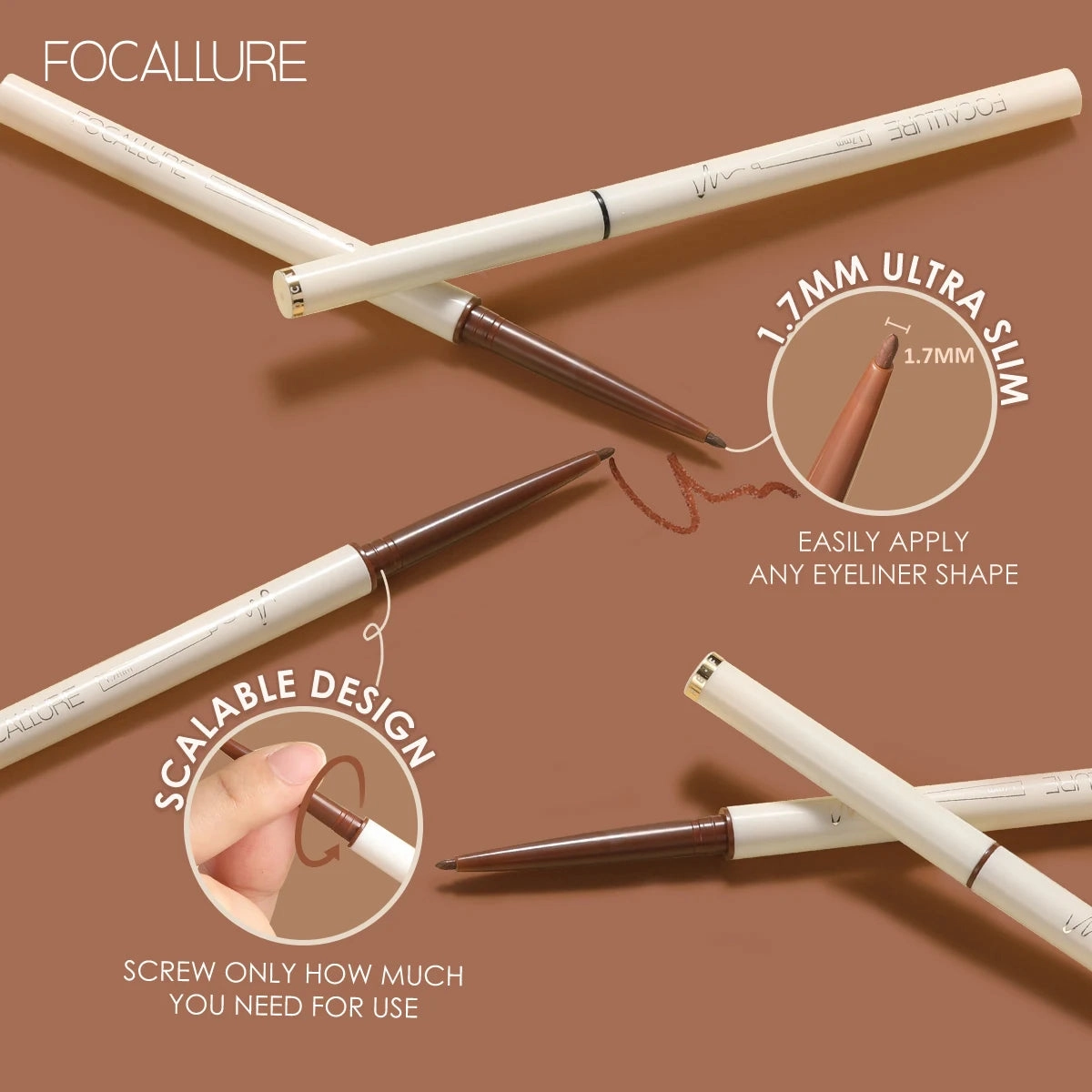 FOCALLURE Waterproof Eyeliner Gel Pencil Ultra-slim 1.7mm Soft Easy