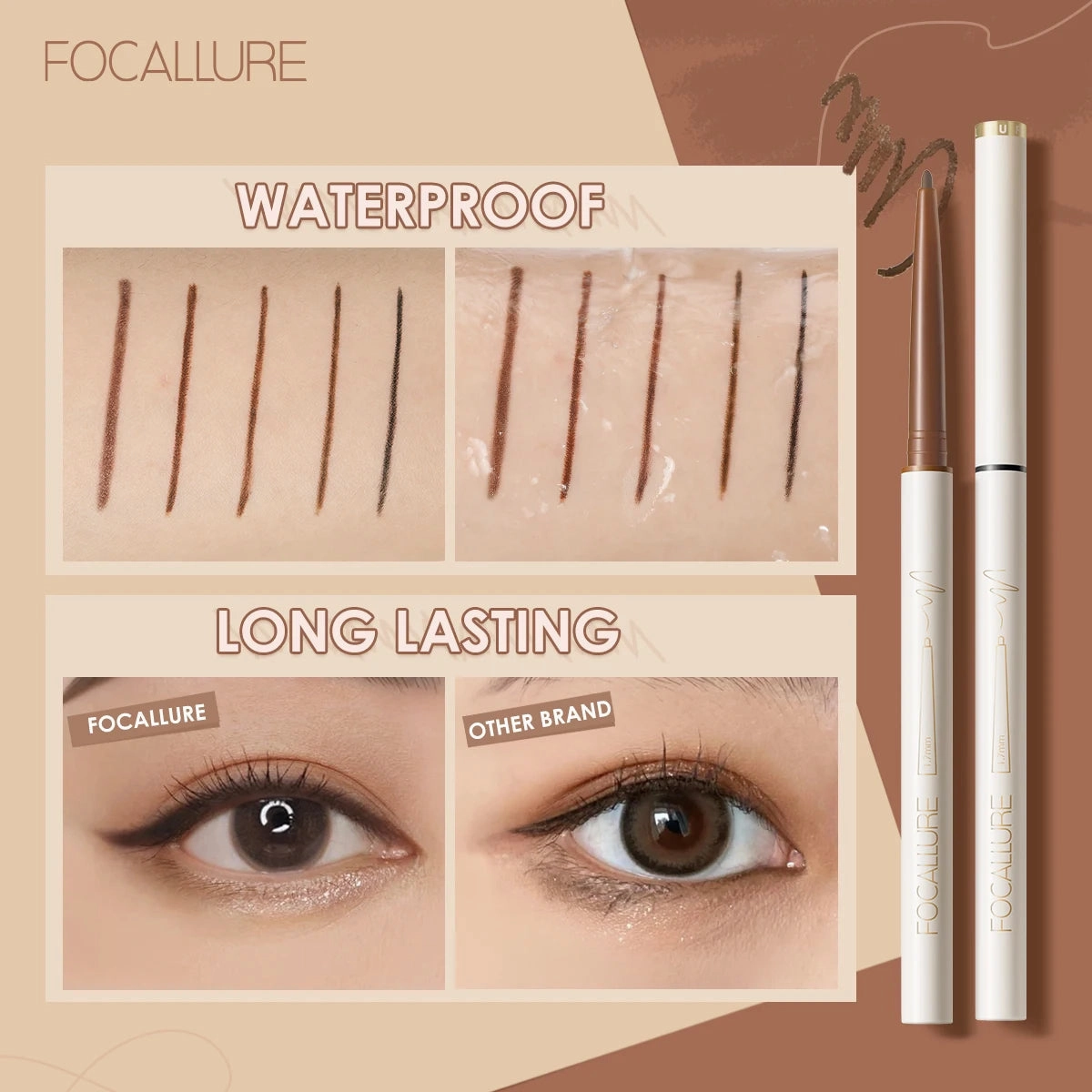 FOCALLURE Waterproof Eyeliner Gel Pencil Ultra-slim 1.7mm Soft Easy
