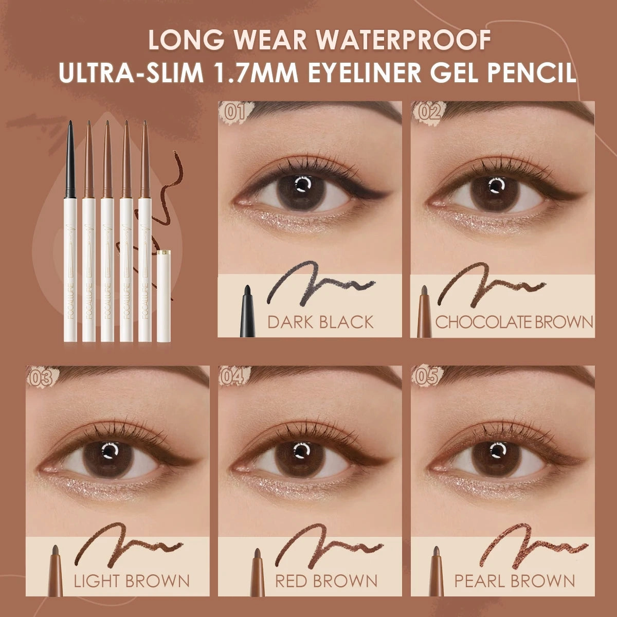FOCALLURE Waterproof Eyeliner Gel Pencil Ultra-slim 1.7mm Soft Easy