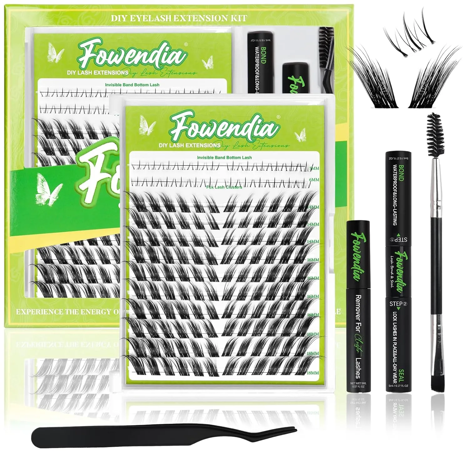 Fox Cat Eye Lash Clusters D Curl DIY Lash Extension Kit and Lash Clusters 8-18mm with Bond, Seal, and Remover - Invisible Band Lashes, Cat Eyelashes Glue-Free Lower Lashes, Fairy Fox-Kit