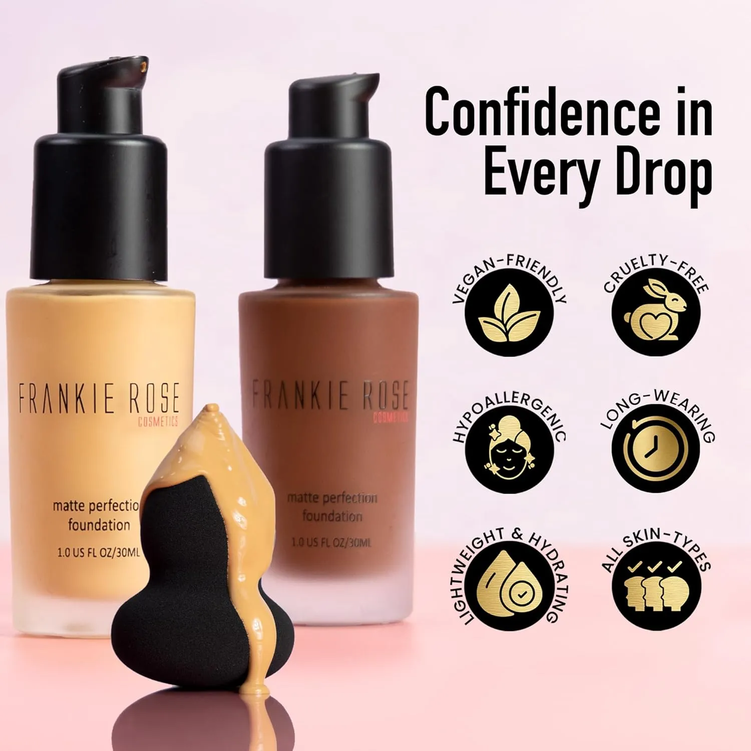 Frankie Rose Cosmetics Matte Perfection Foundation Makeup – Long-Lasting, Hydrating Foundation for Semi-Matte Finish - Foundation Full Coverage for All Skin Types - (Mocha) 1.0 US fl oz / 30 ml