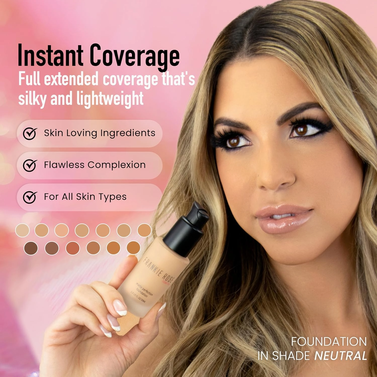 Frankie Rose Cosmetics Matte Perfection Foundation Makeup – Long-Lasting, Hydrating Foundation for Semi-Matte Finish - Foundation Full Coverage for All Skin Types - (Latte) 1.0 US fl oz / 30 ml