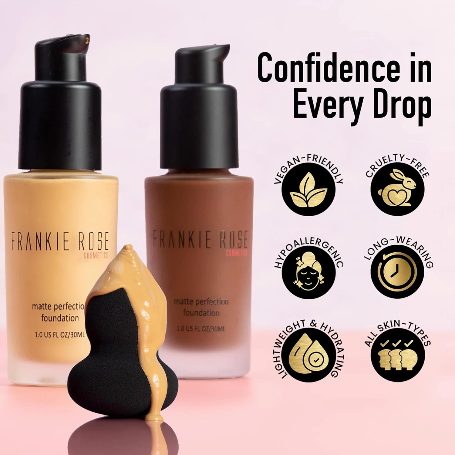 Frankie Rose Cosmetics Matte Perfection Foundation Makeup – Long-Lasting, Hydrating Foundation for Semi-Matte Finish - Foundation Full Coverage for All Skin Types - (Latte) 1.0 US fl oz / 30 ml