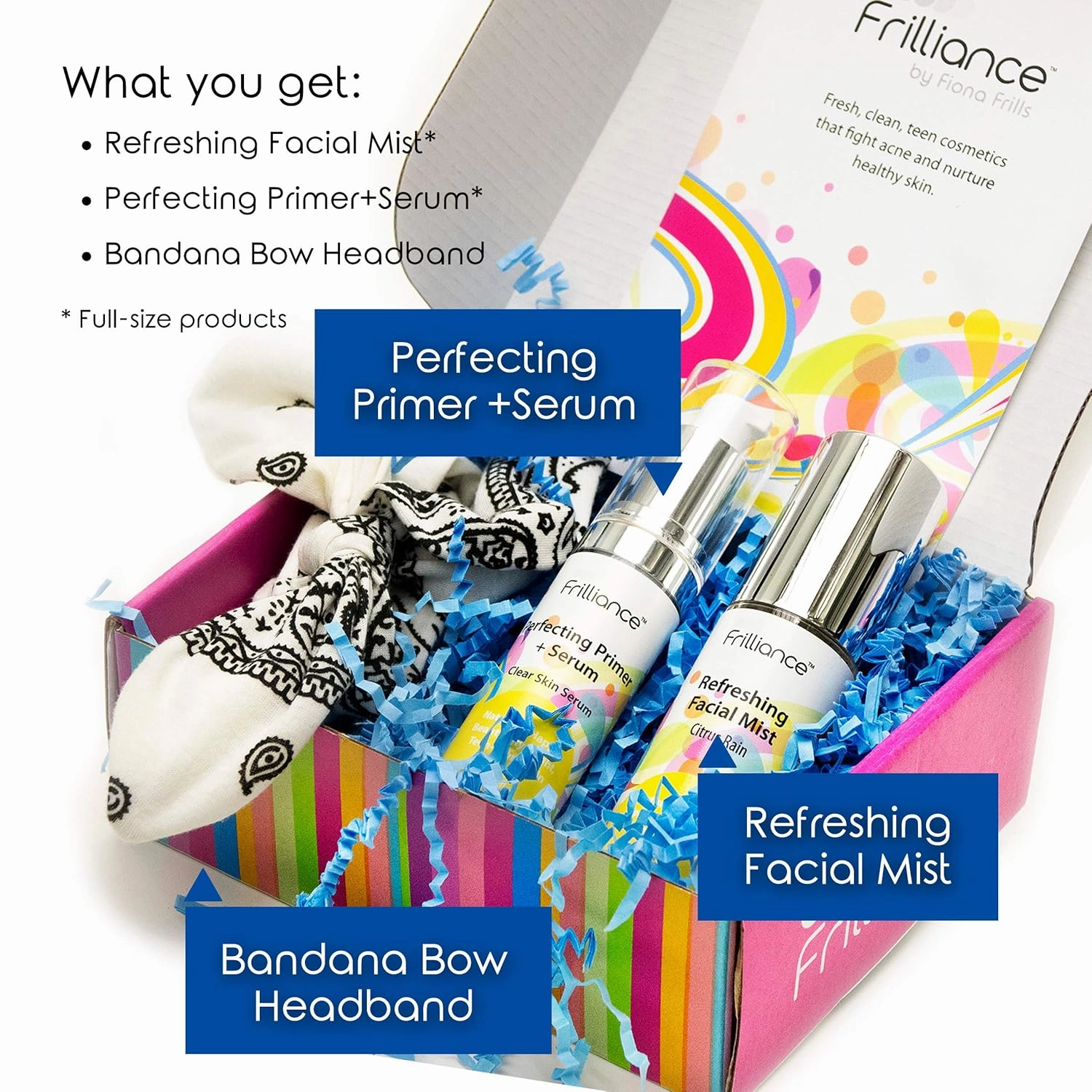 Frilliance Teen Clear Skin Gift Set Beauty Bundle, Vegan Cruelty-Free Hypo-Allergenic Primer & Serum, Face Mist, and Bandana