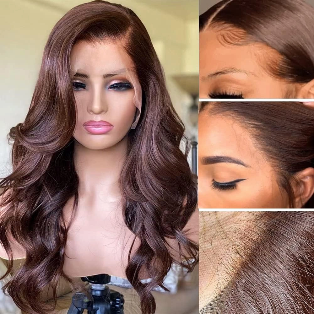 FTQZKEY 14inch Chocolate Brown Body Wave Lace Front Wig 13X4 HD Lace Front Wigs Human Hair 180 Density Brown Human Hair Pre Plucked with Baby Hair