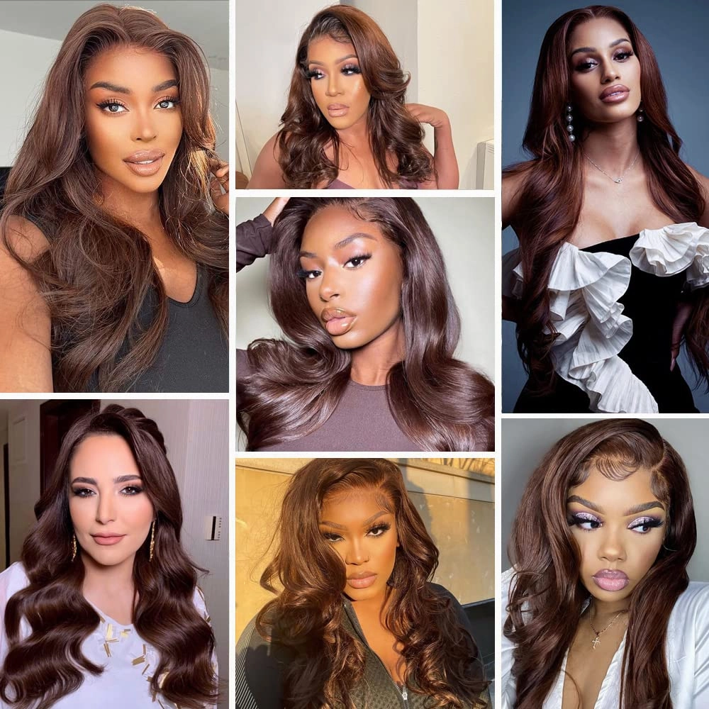 FTQZKEY 14inch Chocolate Brown Body Wave Lace Front Wig 13X4 HD Lace Front Wigs Human Hair 180 Density Brown Human Hair Pre Plucked with Baby Hair